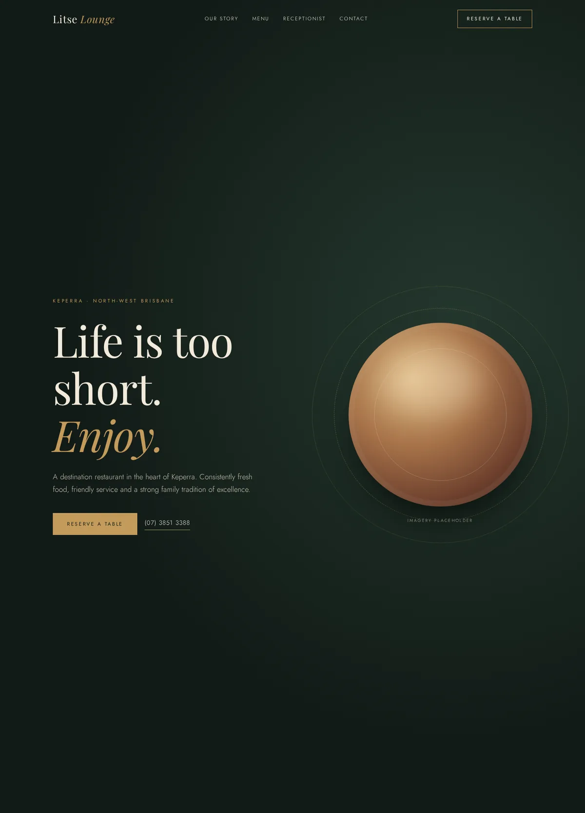 Concept sample homepage for a restaurant, in deep green and gold